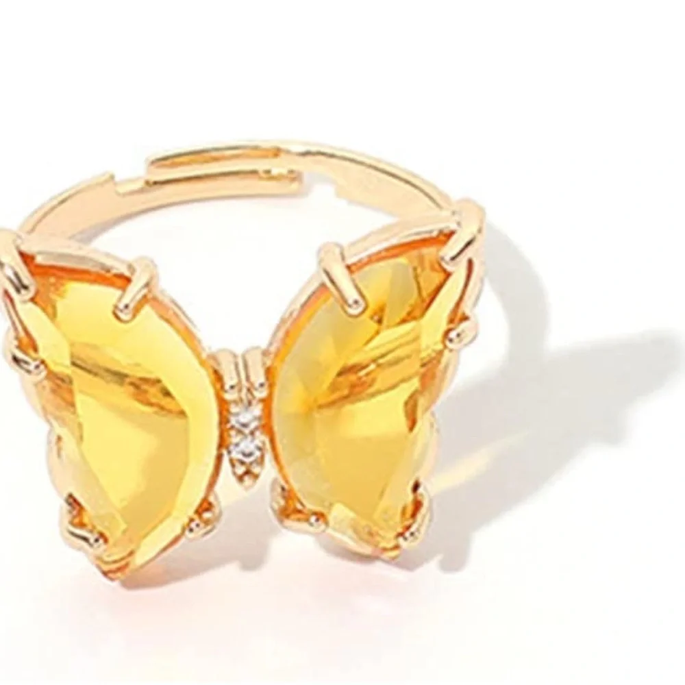 Pretty YELLOW Butterfly Gemstone Fashion Ring, Gold, Adjustable